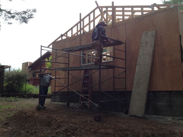 Dan and Sean set up with scaffolding to provide easy roof access